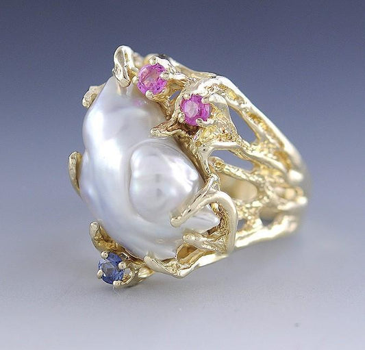 Baroque Pearl 14k Yellow Gold Cocktail Ring w/ Blue & Pink Sapphires Size 9.5