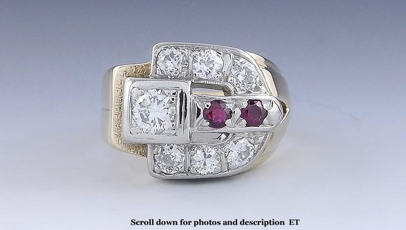 Retro c1950s 14K Yellow & White Gold 1CT Diamond & Ruby Ring Size 8.5