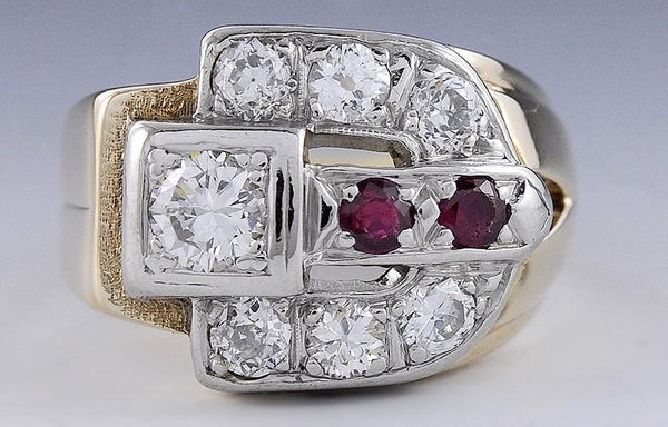 Retro c1950s 14K Yellow & White Gold 1CT Diamond & Ruby Ring Size 8.5