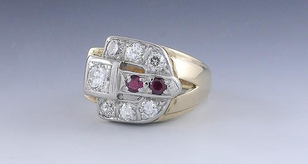 Retro c1950s 14K Yellow & White Gold 1CT Diamond & Ruby Ring Size 8.5