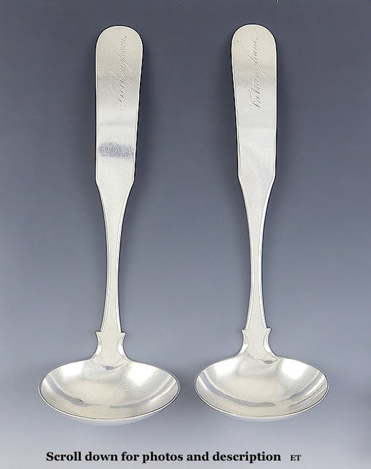 Pair Antique 1820s American Coin Silver Fiddle Gravy Sauce Ladles 7"