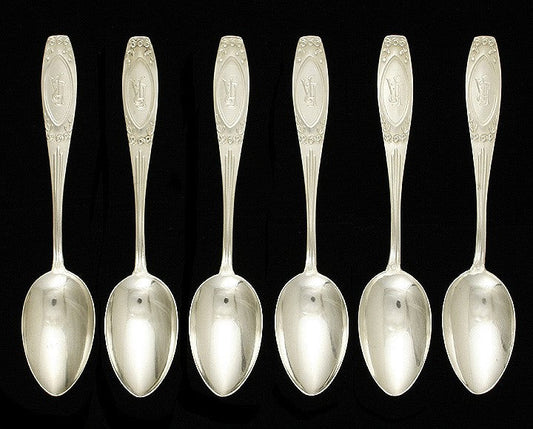 6 Antique c1925 German Silver Peterseldt Floral Teaspoons 5 3/8"