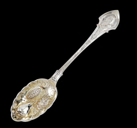 Victorian 1878 Wood Hughes Angelo Sterling Silver Gold Fruit Bowl Serving Spoon