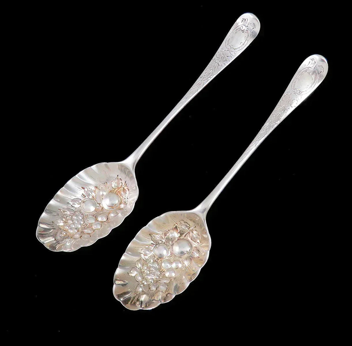 2 Antique 1771 English Sterling Silver Fruit Bowl Warrior Crest Serving Spoons