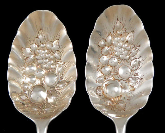 2 Antique 1771 English Sterling Silver Fruit Bowl Warrior Crest Serving Spoons