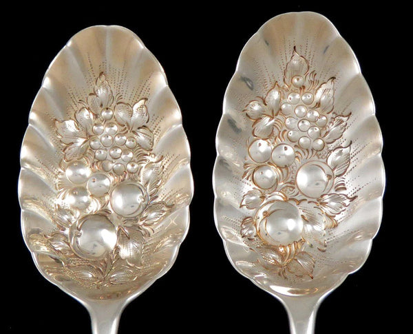 2 Antique 1771 English Sterling Silver Fruit Bowl Warrior Crest Serving Spoons