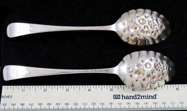 2 Antique 1771 English Sterling Silver Fruit Bowl Warrior Crest Serving Spoons