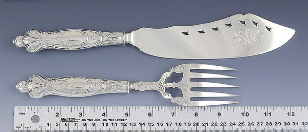 Large Antique 1835-1875 American Coin Silver Fish Serving Fork Knife/Slice Set