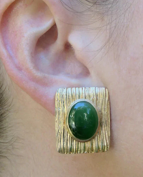 Retro Style 14K Yellow Gold & Natural Jade Stone Cabochon Stone Clip Earrings