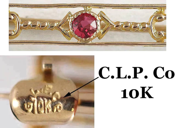 Antique American 10K Yellow Gold Ruby Openwork Bar Pin