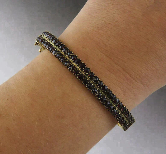 Antique Austrian 900 Gold Wash Silver & Natural Garnet Gemstone Bangle Bracelet
