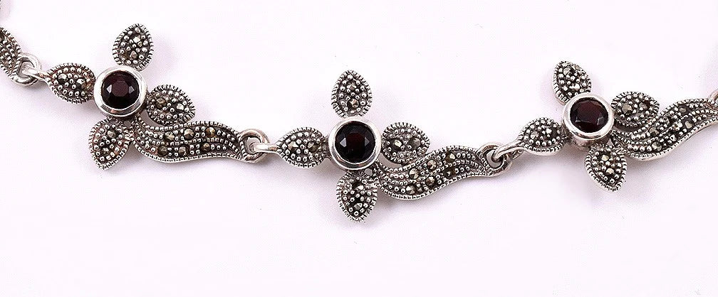 Fabulous Sterling Silver Necklace from Thailand w/ Red Garnets and Marcasites