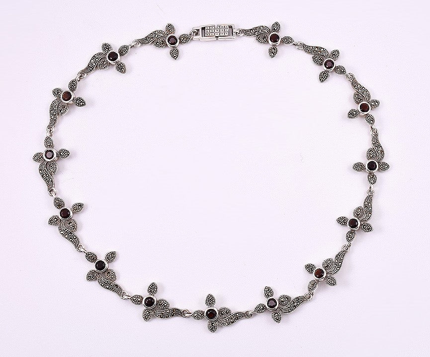 Fabulous Sterling Silver Necklace from Thailand w/ Red Garnets and Marcasites