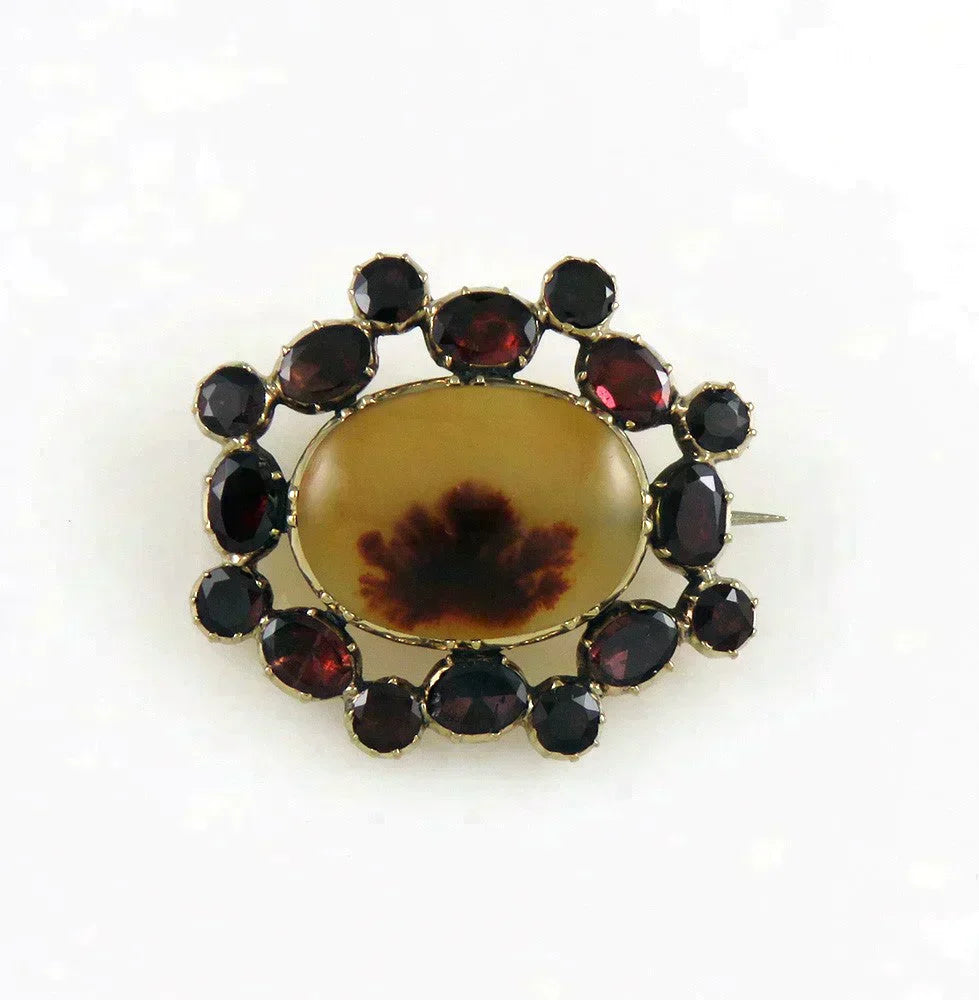 Antique c1830 Natural Garnet Agate Gemstone 10K Gold Brooch/Pin