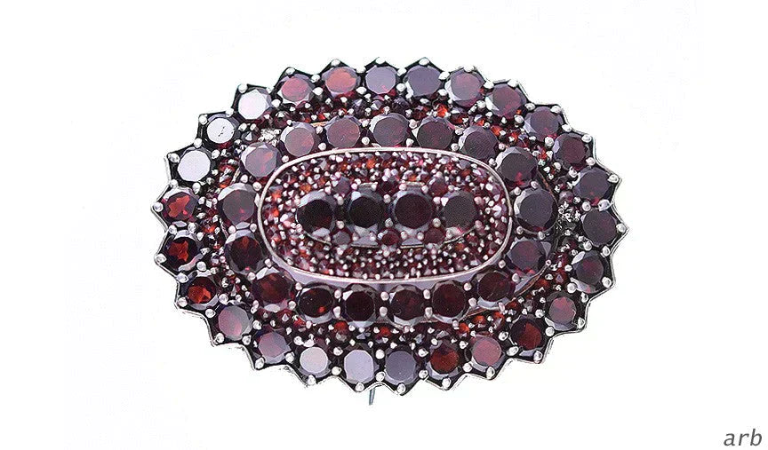 Antique Silvery Oval-Shaped Pin Set w/ 3 Tiers of Red Garnets, from Austria?