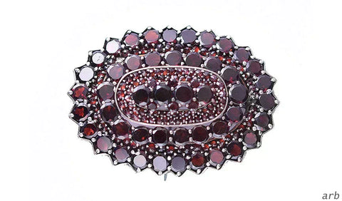 Antique Silvery Oval-Shaped Pin Set w/ 3 Tiers of Red Garnets, from Austria?