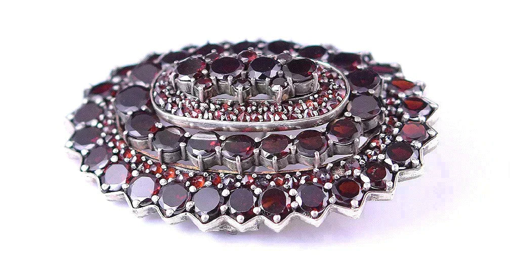 Antique Silvery Oval-Shaped Pin Set w/ 3 Tiers of Red Garnets, from Austria?
