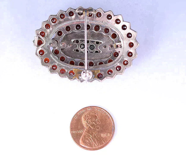 Antique Silvery Oval-Shaped Pin Set w/ 3 Tiers of Red Garnets, from Austria?