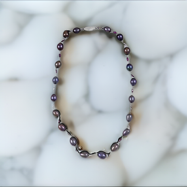 Gorgeous 14k White Gold Multicolor Peacock Purple Pearl & Ruby Necklace