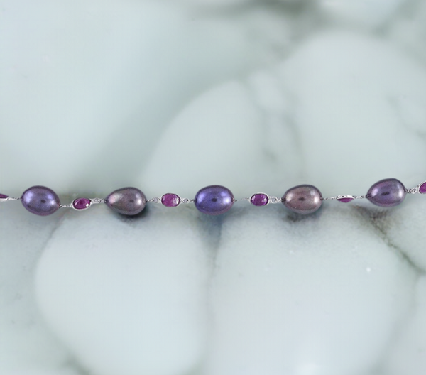 Gorgeous 14k White Gold Multicolor Peacock Purple Pearl & Ruby Necklace