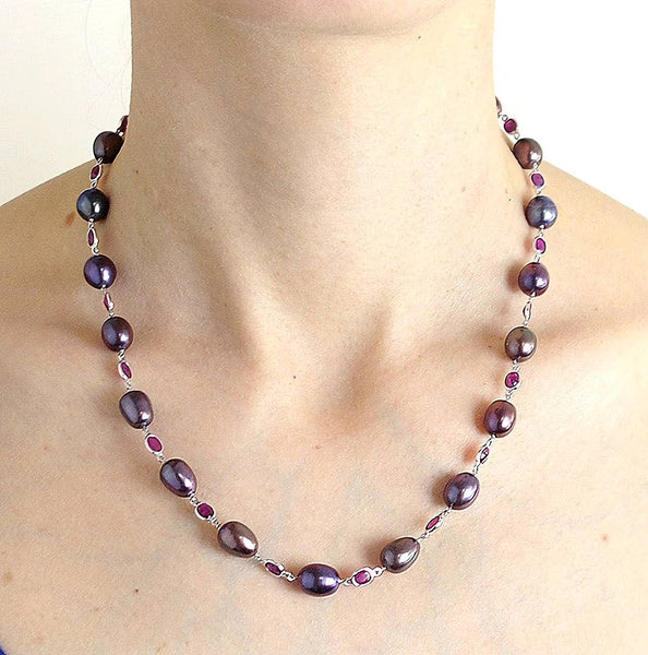 Gorgeous 14k White Gold Multicolor Peacock Purple Pearl & Ruby Necklace