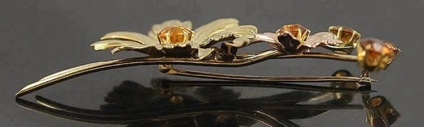 Large Vintage Retro 14k Yellow Rose Gold Citrine Floral Pin Brooch