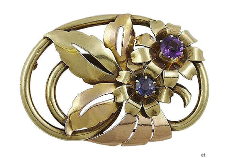 Eckfeldt Ackley Retro 14k Rose and Yellow Gold Amethyst Sapphire Pin Brooch