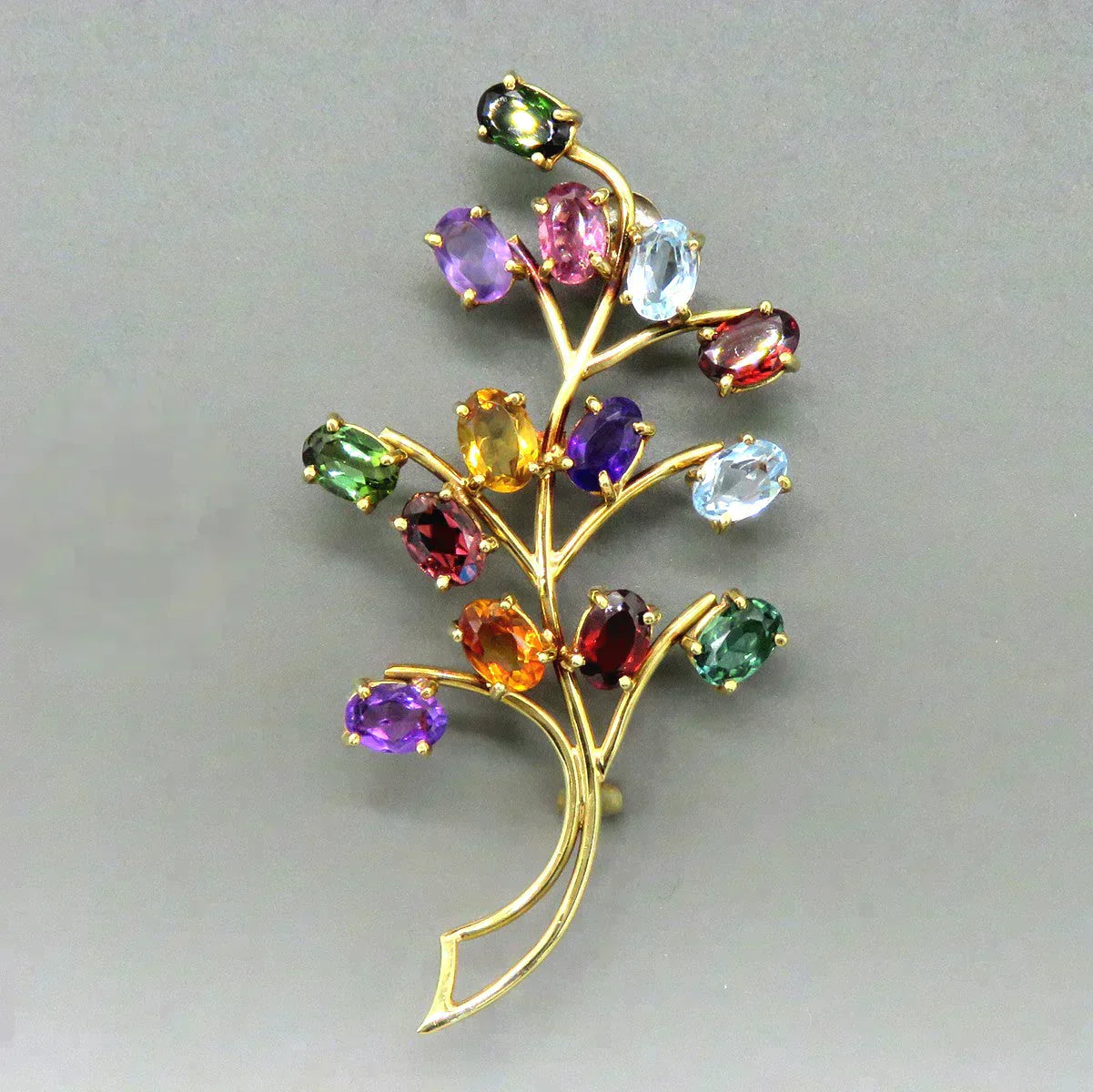 Fine Quality 18K Gold Natural Gemstone Flower Branch Brooch Pin by Stern