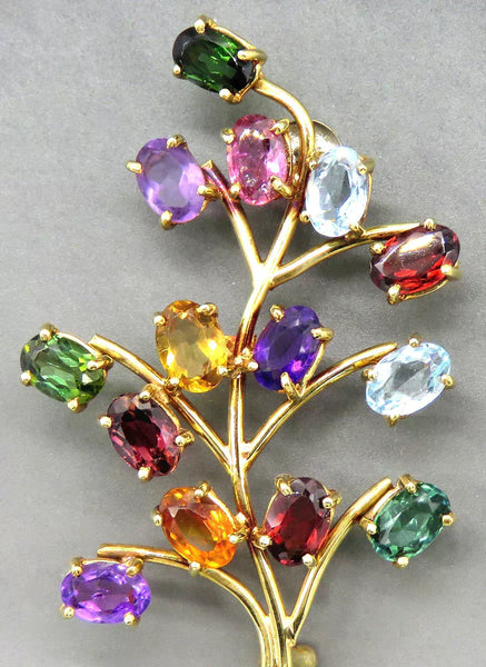 Fine Quality 18K Gold Natural Gemstone Flower Branch Brooch Pin by Stern