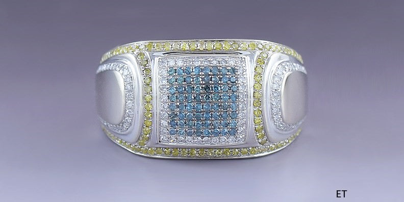 Striking 14k White Gold Blue Yellow White Diamond ~1.25ct Ring Band sz 10.5