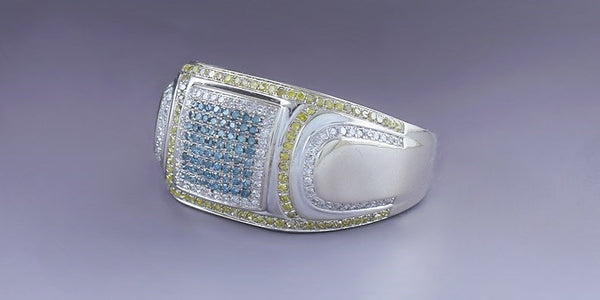 Striking 14k White Gold Blue Yellow White Diamond ~1.25ct Ring Band sz 10.5