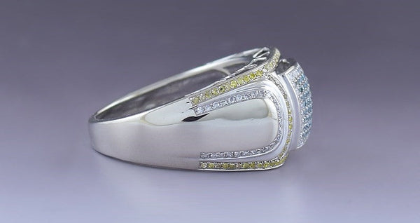 Striking 14k White Gold Blue Yellow White Diamond ~1.25ct Ring Band sz 10.5