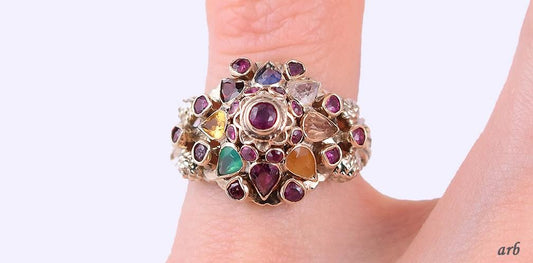 Luscious 10k Yellow Gold Tiered Dome Multi Gemstone Ring Citrine Ruby Sapphire