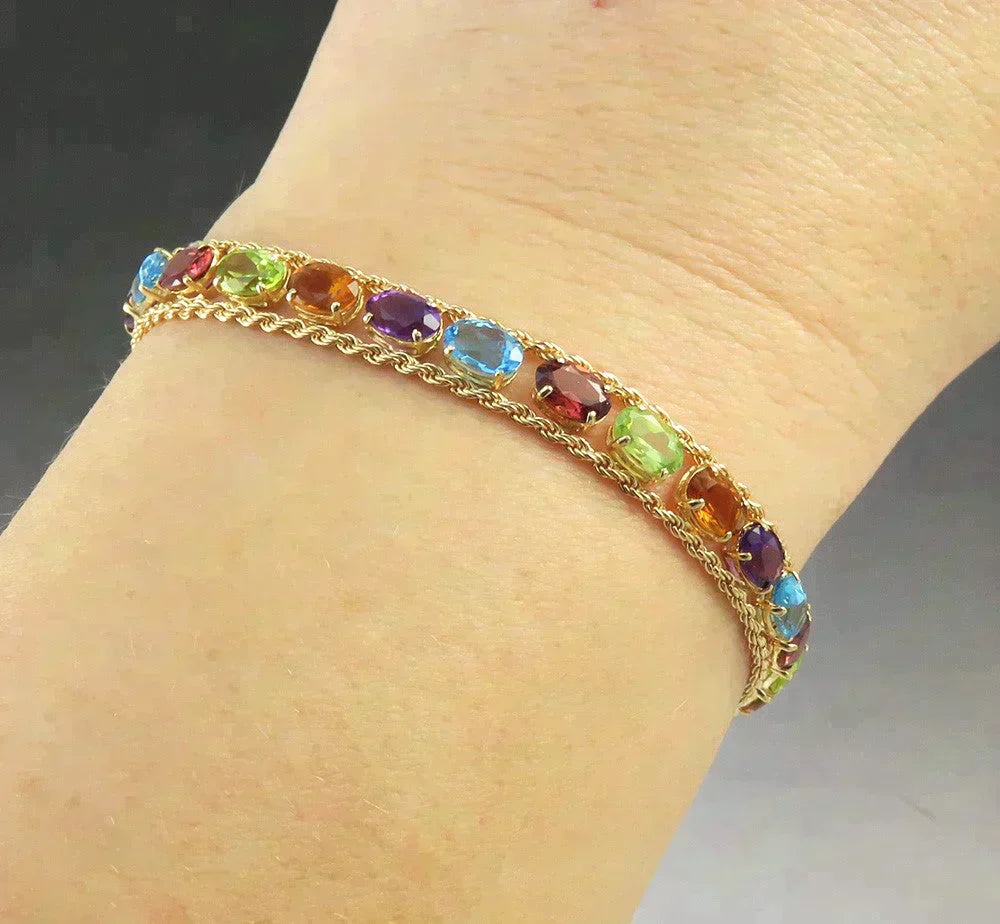 14K Gold Amethyst Blue Topaz Citrine Peridot Gemstone Bracelet