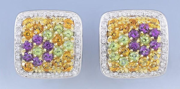 Charming 18k White Gold Diamond Gemstone Floral Spring Pendant & Earring Set