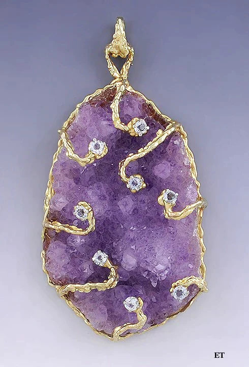 Stunning 14k Gold Amethyst Geode & Aquamarine Naturalistic Pendant