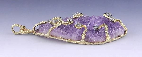 Stunning 14k Gold Amethyst Geode & Aquamarine Naturalistic Pendant