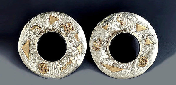 Wonderful Pair of Gold Silver and Onyx Pierced Earrings by David Epstein VT