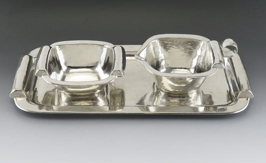 Antique Arts & Crafts German 835 Silver Tea Creamer Sugar Bowl Tray Set