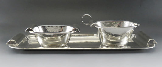 Antique Arts & Crafts German 835 Silver Tea Creamer Sugar Bowl Tray Set