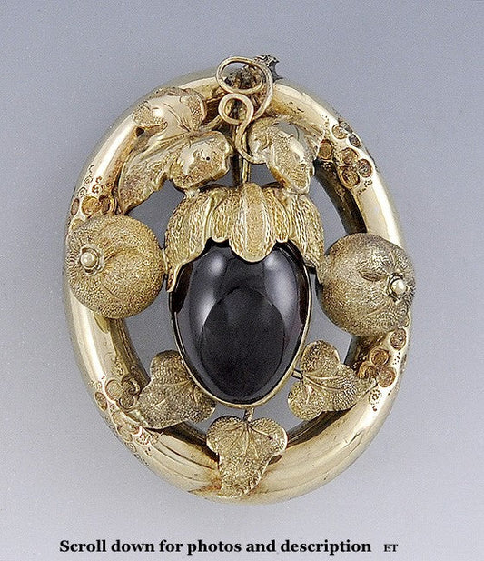 Victorian c1850 14k Gold Garnet Openwork Fruit Form Brooch/Pin