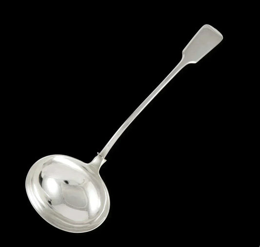 Huge Antique English Victorian Exeter Fiddle Sterling Silver Punch Soup Ladle