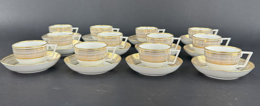 Excellent Set 12 c1790-1820 English Porcelain White Gold Teacups and Saucers