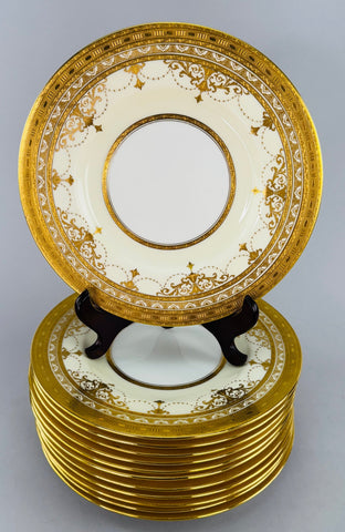 Ornate Set 12 Antique Minton Gold Gilt Cream White 9" Luncheon Salad Plates