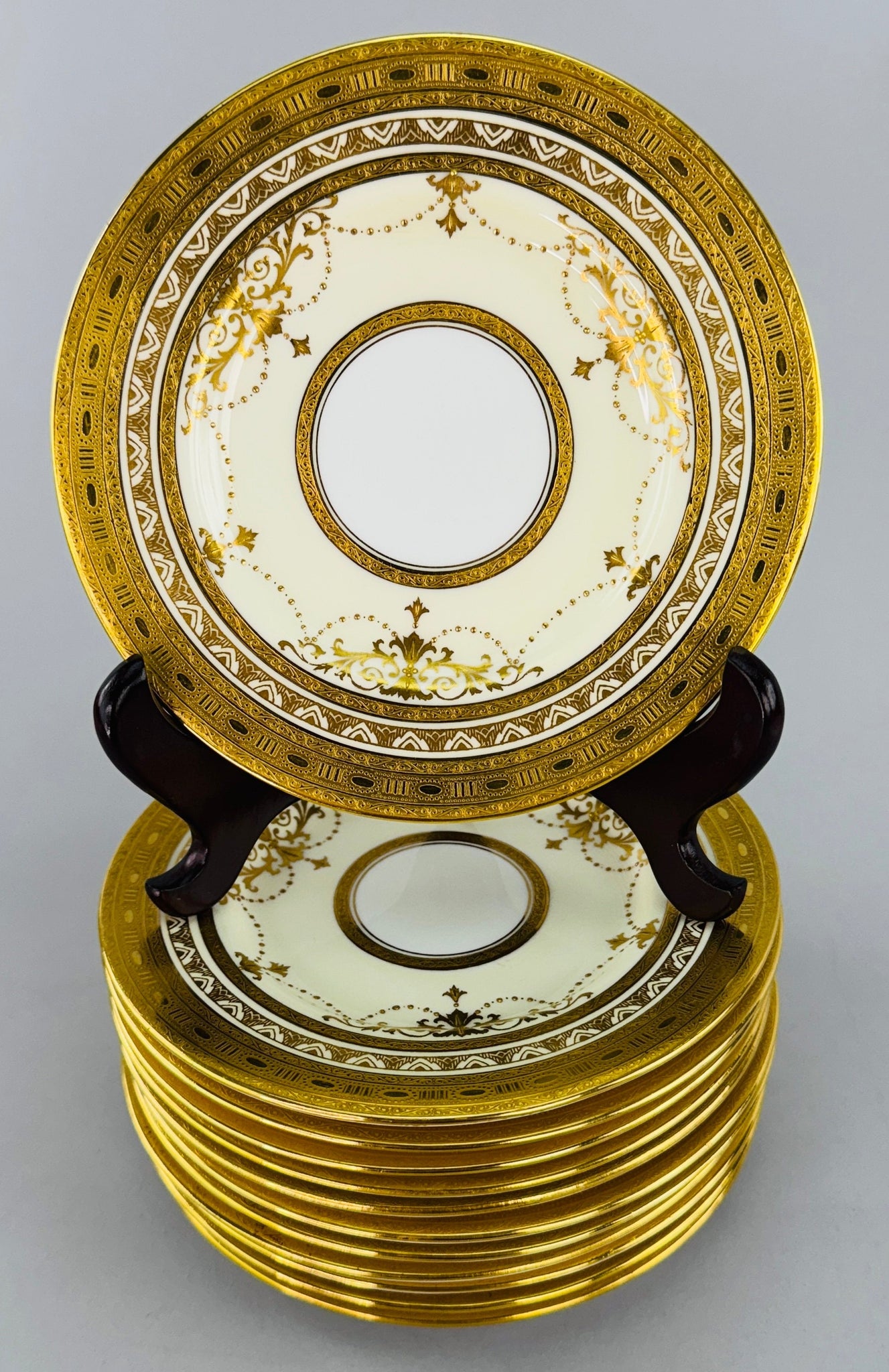 Stunning Set 12 Antique Minton Gold Gilt Cream White Bread Butter Plates