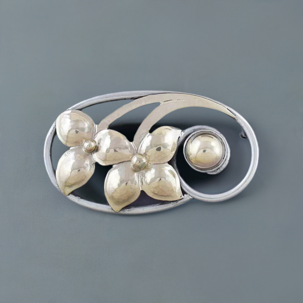 Georg Jensen 14k Yellow Gold and Sterling Silver Handwrought Flower Pin Brooch