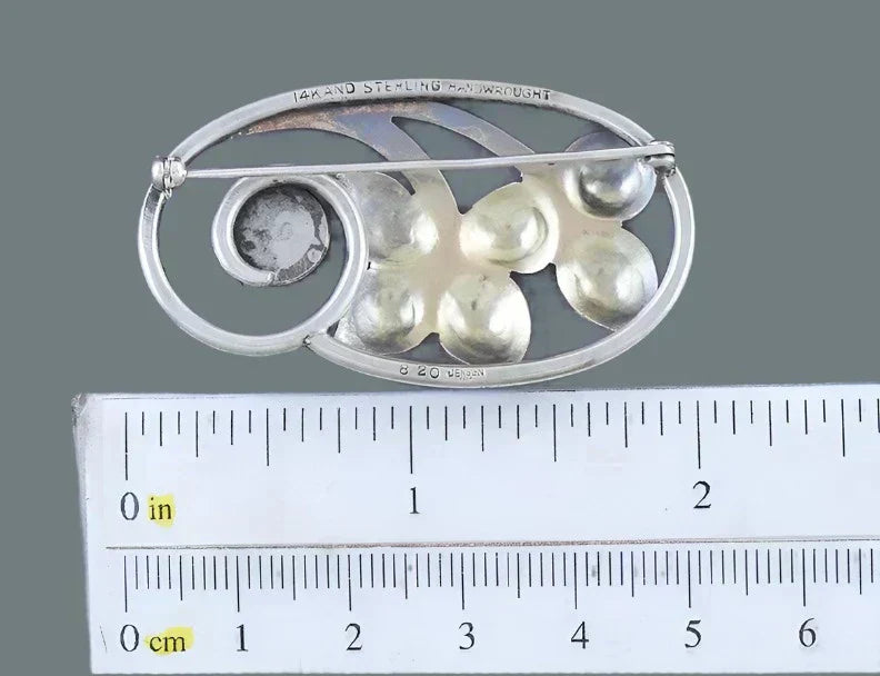 Georg Jensen 14k Yellow Gold and Sterling Silver Handwrought Flower Pin Brooch
