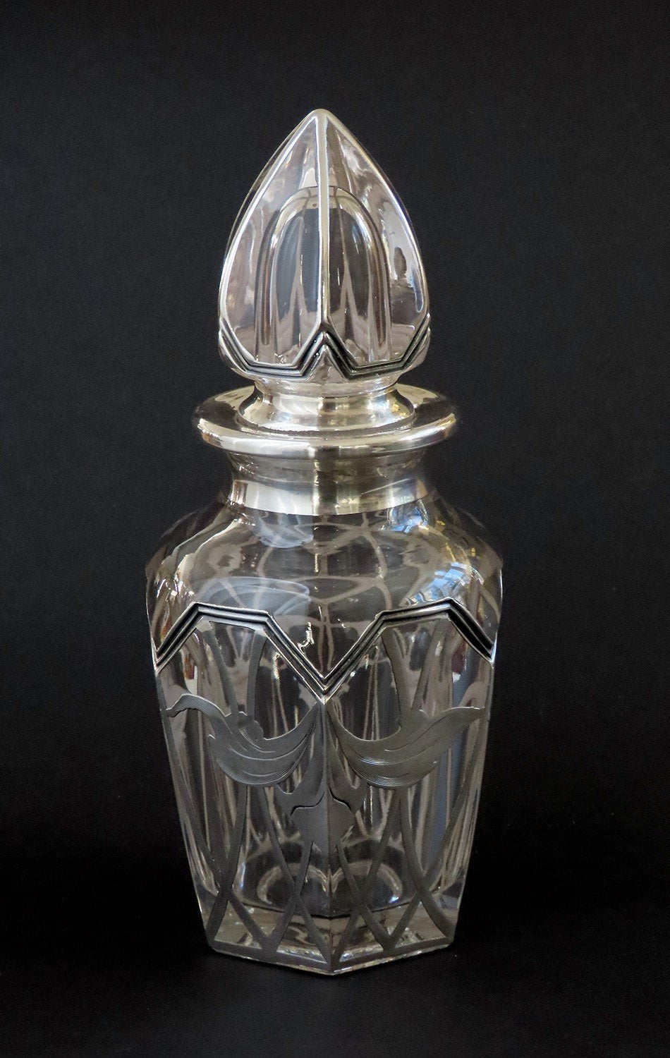 Art Nouveau La Pierre Sterling Silver Overlay Cologne Perfume Bottle 7" Tall