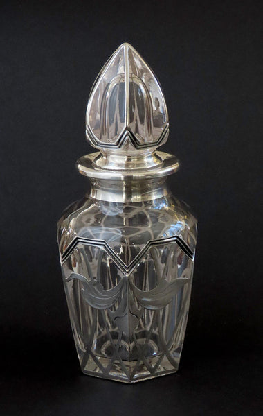 Art Nouveau La Pierre Sterling Silver Overlay Cologne Perfume Bottle 7" Tall