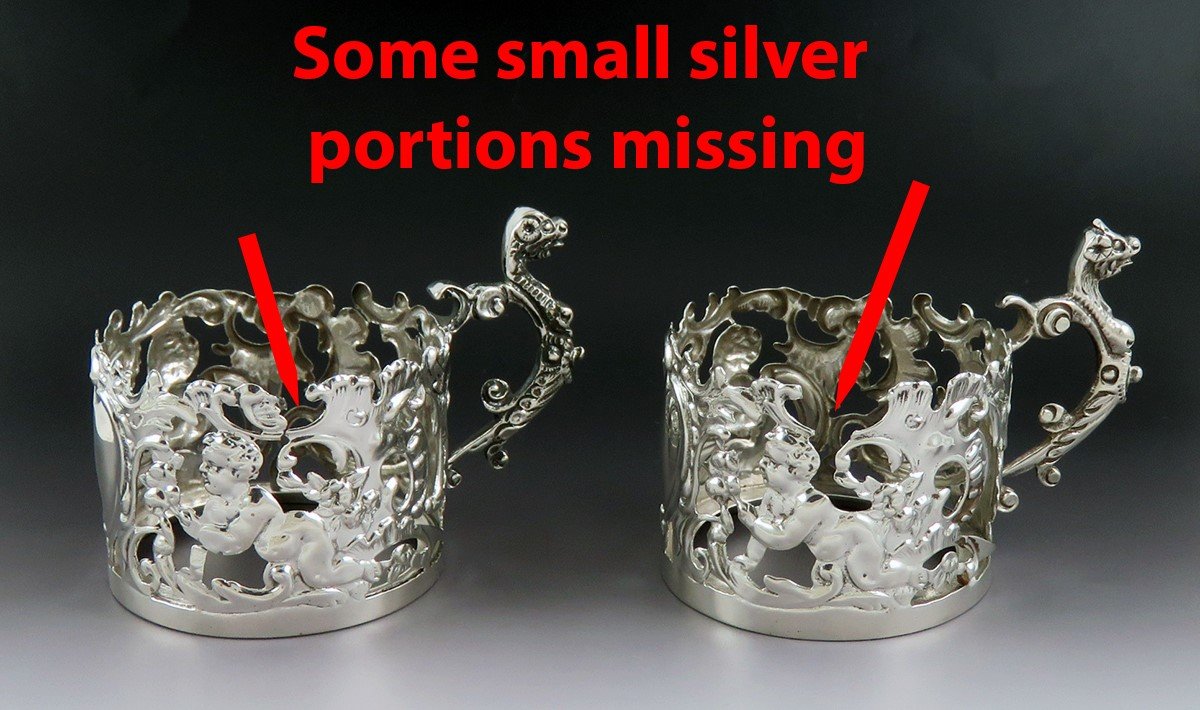 Lovely Set 6 1901 English Sterling Silver Glass Insert Handle Tea Liquor Cups